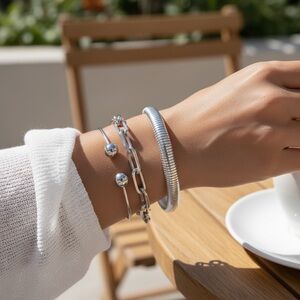 Chunky Silver Tone Stackable Bracelet Set
